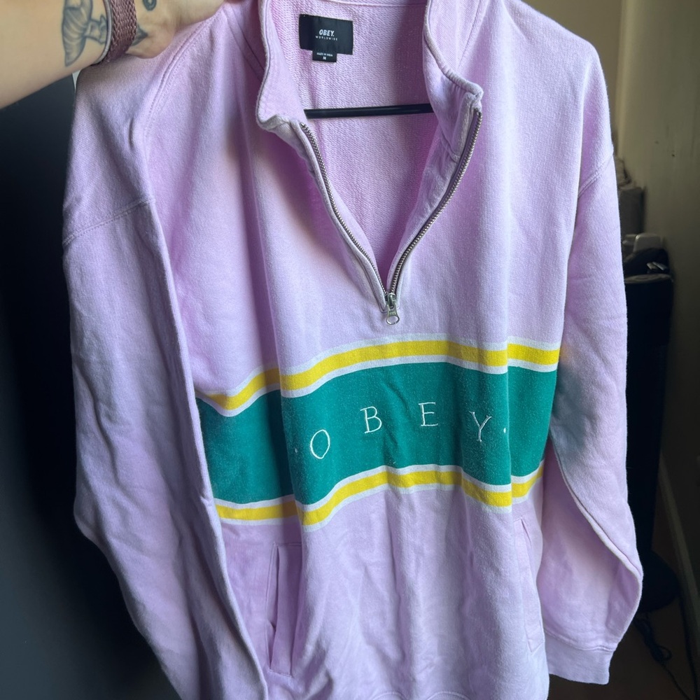 Obey Lavender Quarter-Zip with Green and Yellow Stripe